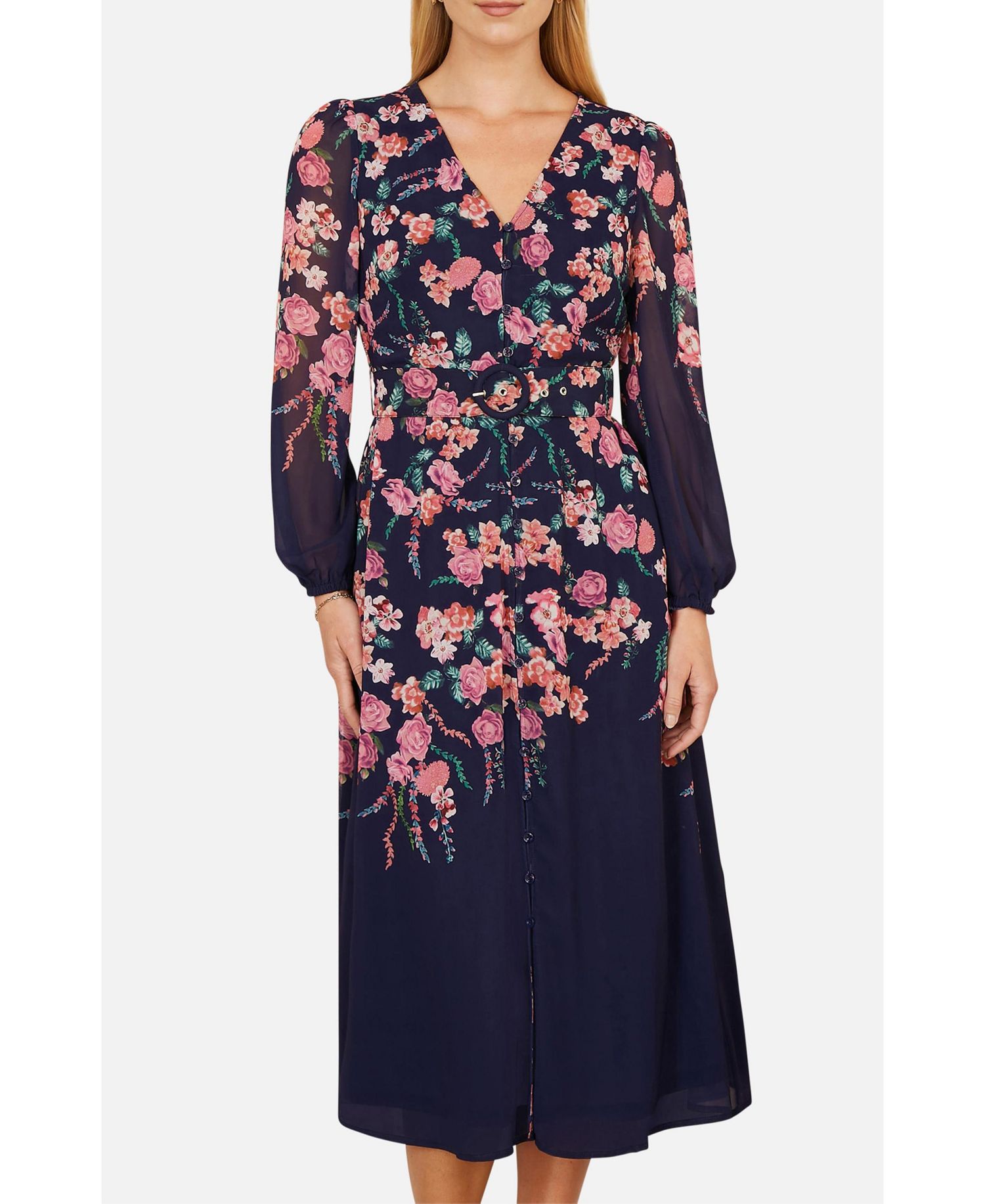 Women's Belted Floral Midi Dress