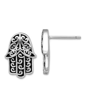 925 Sterling Silver Rhodium Plated Oxidized Hamsa Hand of God Stud Earrings 13x10mm 13.1mm long Stud Earring