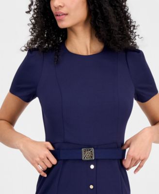 Women's Belted Puff-Sleeve Sheath Dress