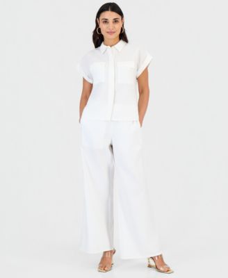 Petite Linen-Blend Short-Sleeve Button-Front Shirt