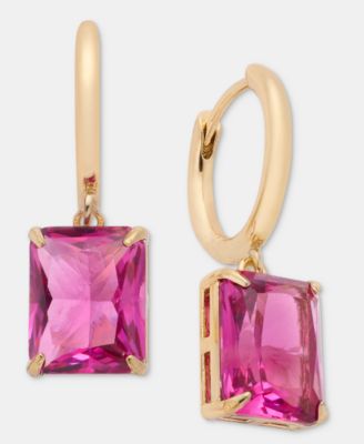Gold-Tone Fuchsia Stone Huggie Drop Earrings 