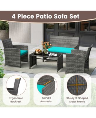 Set of 8 Patio Conversation Set w/Seat Cushions & Tempered Glass Tabletop Porch