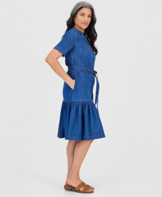 Petite Denim Tiered Midi Dress