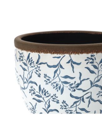 Blue Floral Ceramic Planter, 12.2" Round, Indoor & Outdoor Garden Pot