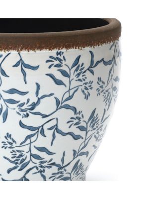 Blue Floral Ceramic Planter, 12.2" Round, Indoor & Outdoor Garden Pot