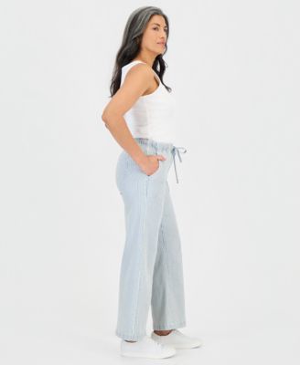 Petite Engineer-Stripe Pull-On Wide-Leg Jeans
