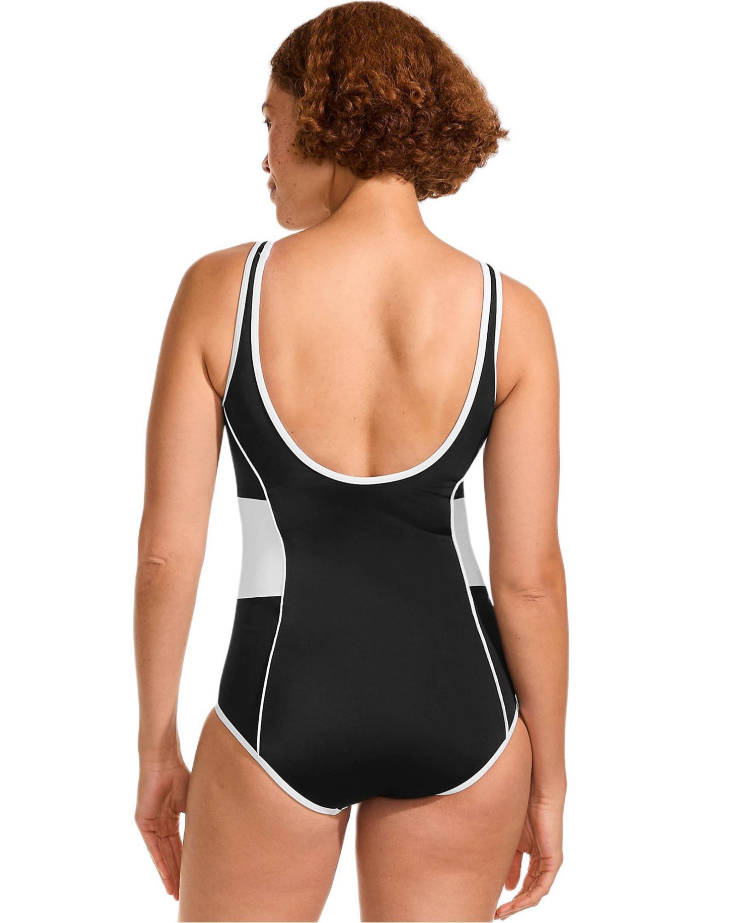 Women's Long Torso Tugless Scoop Neck Colorblock Low Leg One Piece