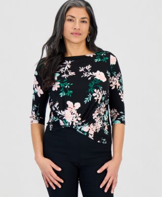 Petite Printed Asymmetric Twist-Front Top