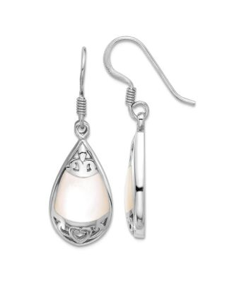 925 Sterling Silver Rhodium Plated Teardrop Mother of Pearl Filigree Boho Hook Earrings 33x11mm 33.3x10.45mm Wide Stud Earring