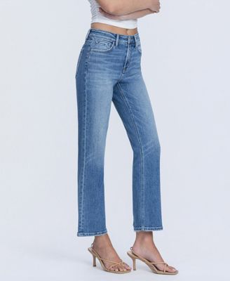 Women's High Rise Back Distressed Hem Ankle Straight Jeans