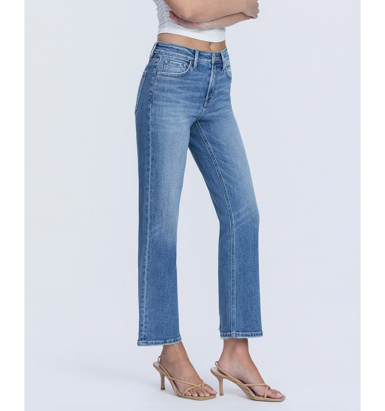 Women's High Rise Back Distressed Hem Ankle Straight Jeans