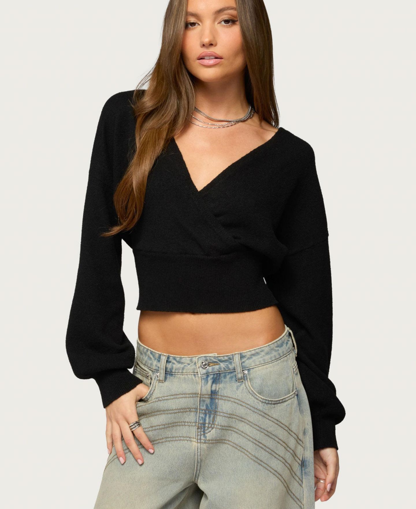 Женский свитер Edikted Lillia V Neck Wrap, цвет: Чёрный — фото 1