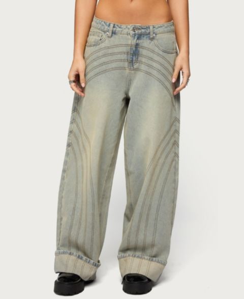Женские джинсы Edikted Cuffed Low Rise Baggy, цвет: Синий винтажный потёртый