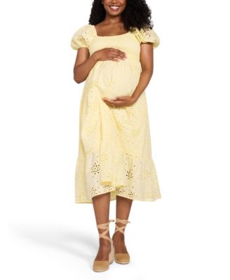 Maternity Motherhood Smocked Bodice with Puff Sleeves Midi Dress