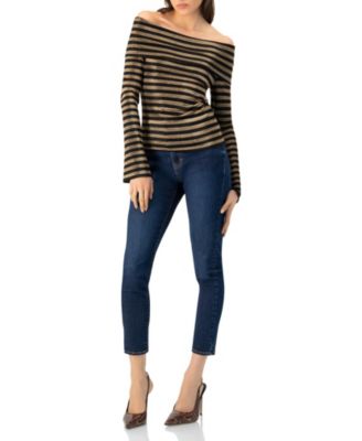 Women's Bardot Neckline Striped Long Sleeve Blouse