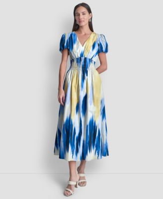 Women's Printed V-Neck Smocked Midi Dress