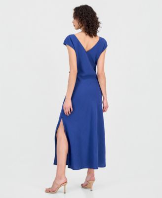 Women's Cowl-Neck Waist-Pleat Side-Slit Dress