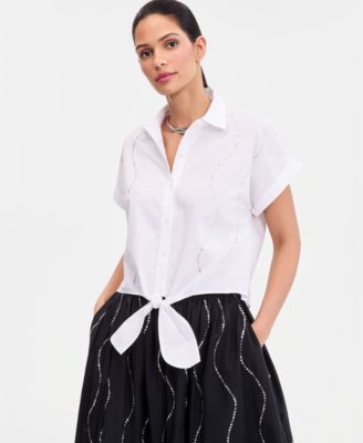 Women's Short-Sleeve Rhinestone Embellished Tie Waist Blouse