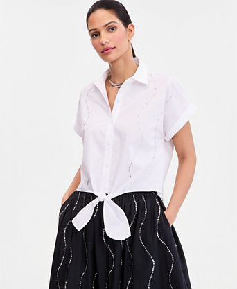 Women's Short-Sleeve Rhinestone Embellished Tie Waist Blouse