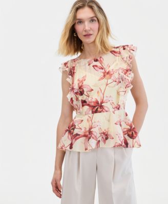Women's Printed Ruffle-Sleeve Peplum Blouse