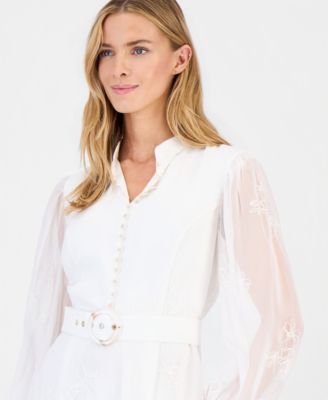 Tahari ASL Women's Long-Sleeve Belted Embroidered Dress