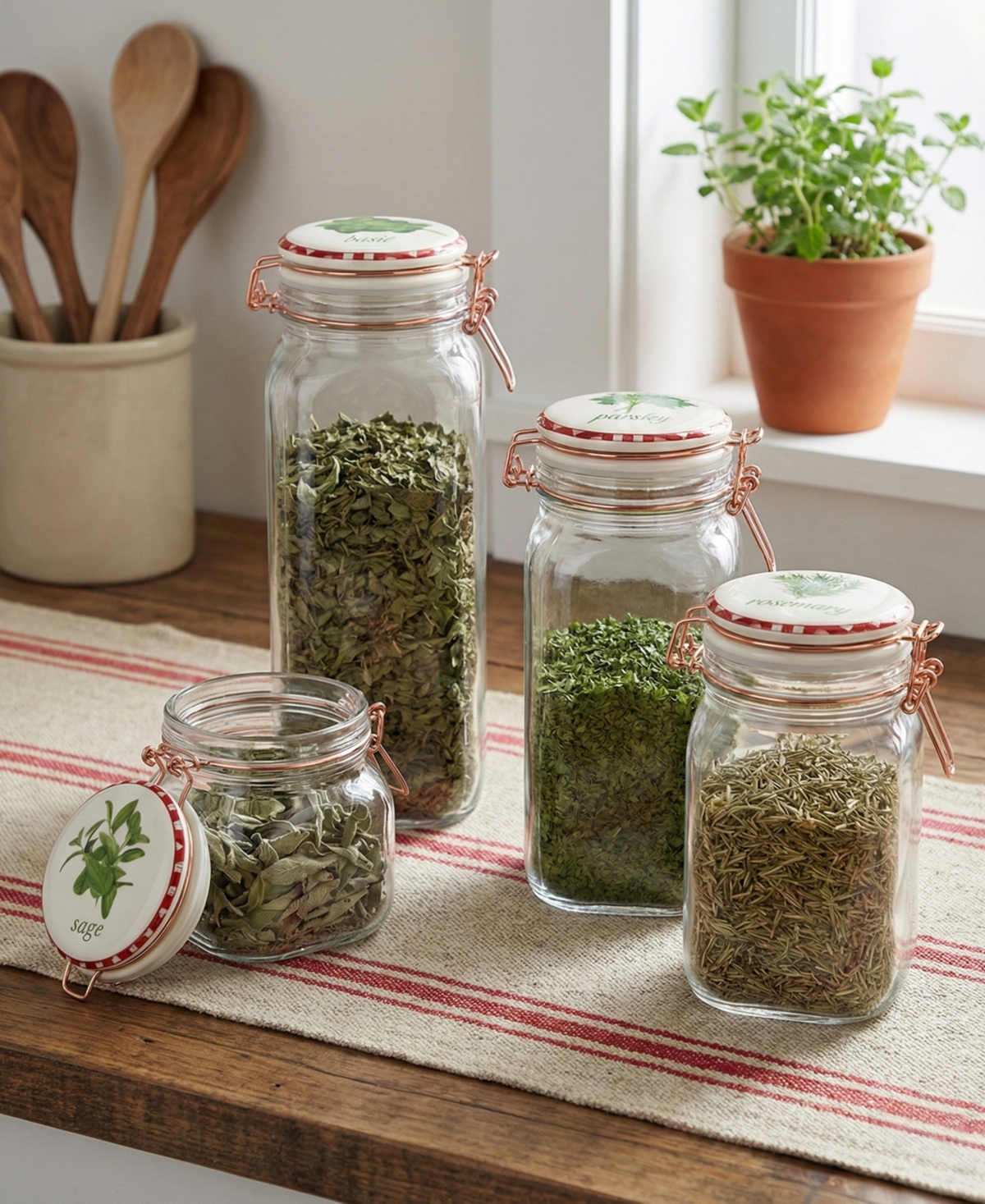 Circleware Herbs Decal Glass Canisters with Ceramic Lid, Set of 4