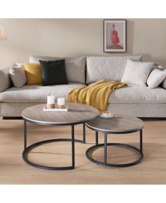  Round Nesting Coffee Table Set, 31.5" Gray Wash Oak & Metal, Industrial Accent Tables.