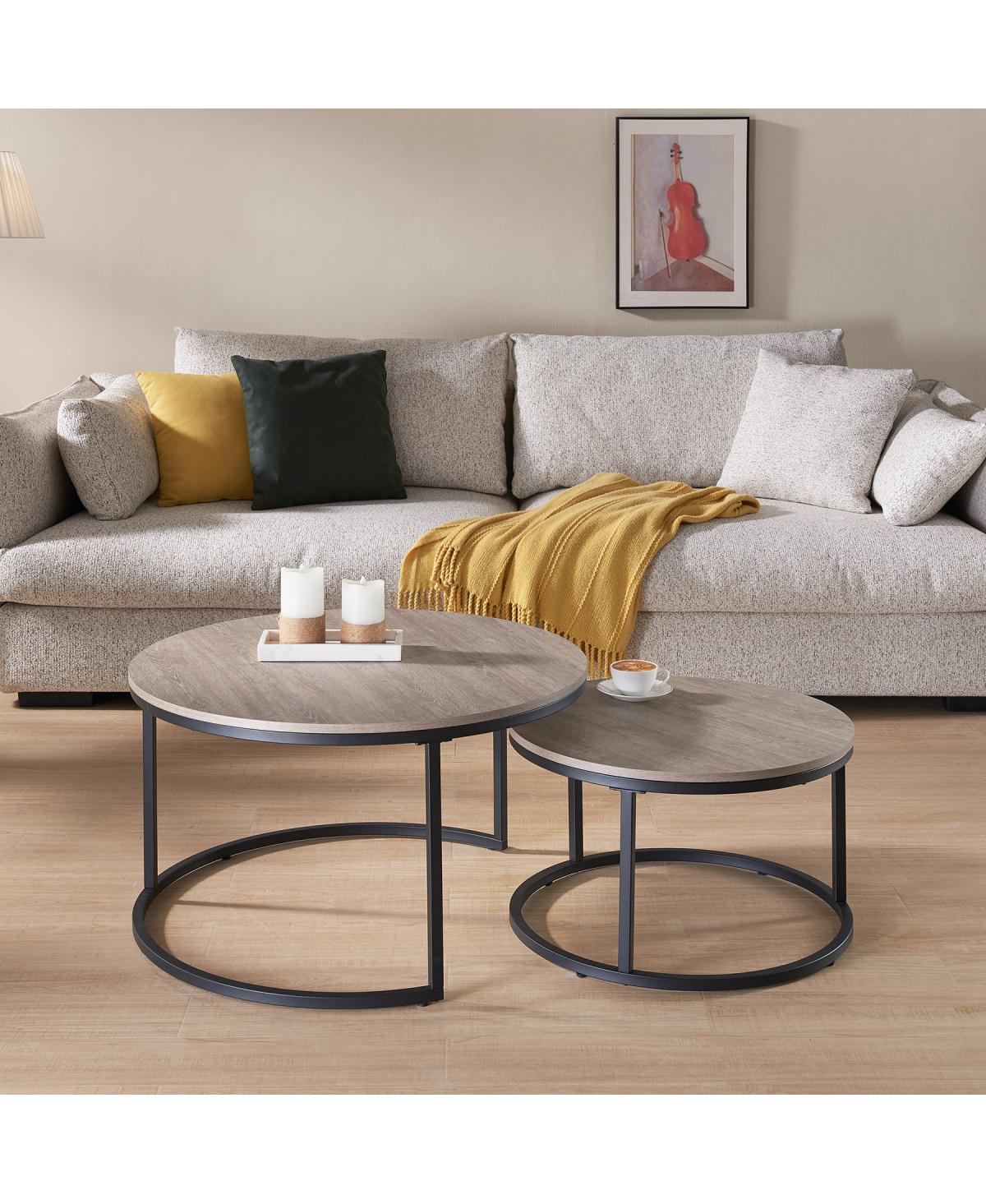 Streamdale Furniture Round Nesting Coffee Table Set, 31.5" Gray Wash Oak & Metal, Industrial Accent Tables.