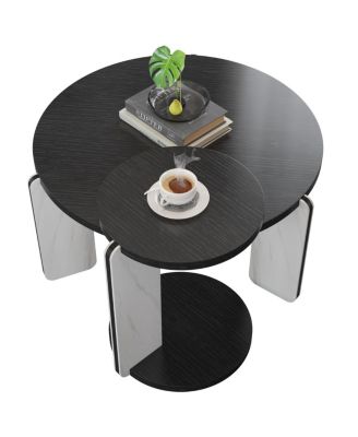  32.68" & 16.93" Round Coffee/End Table Set - Black Oak Veneer, Sintered Stone Legs