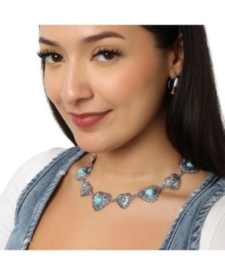 JS Turquoise Concho Statement Necklace Antique Silver Tone