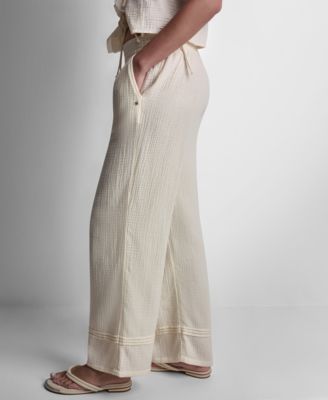 Petite Smocked Encased Elastic Waistband Ankle Length Pants