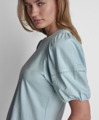 Petite Dome Studs Mini Ruffle Puff-Sleeve Crewneck T-Shirt