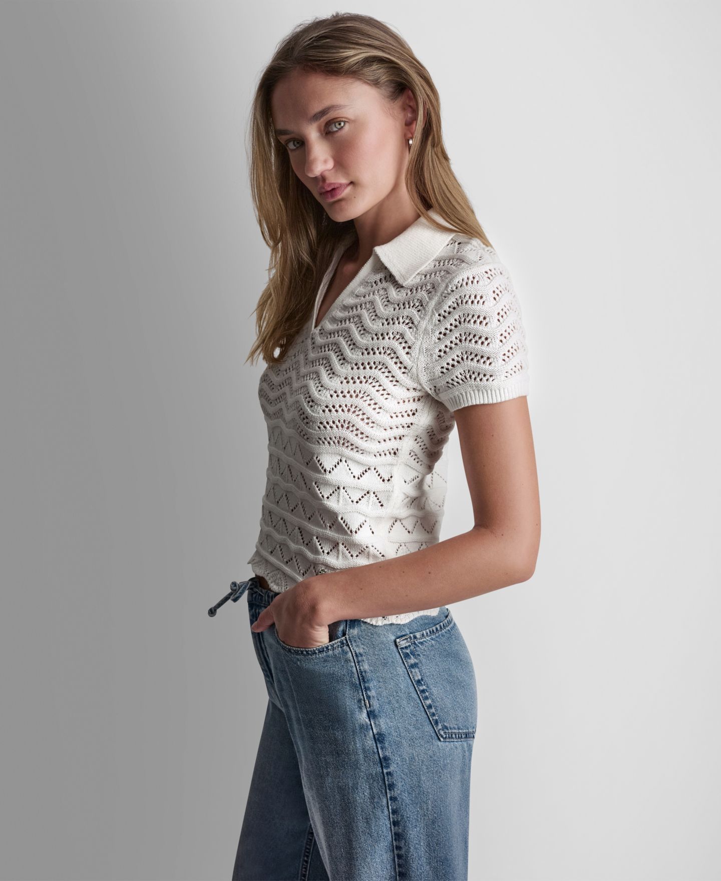 Женский свитер DKNY Jeans Petite Short-Sleeve V-Neck Polo Pointelle, цвет: Слоновая кость — фото 3