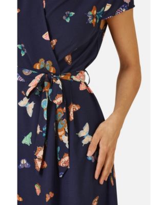 Women's Butterfly Print Dip Hem Midi Wrap Dress