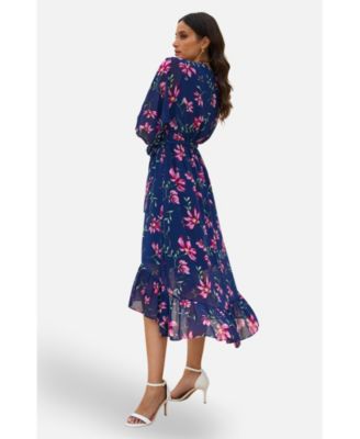 Women's Floral Kimono Wrap Dipped Hem Midi Dress