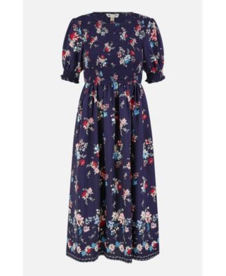Women's Smocked Bodice Floral Ruched Midi Dress