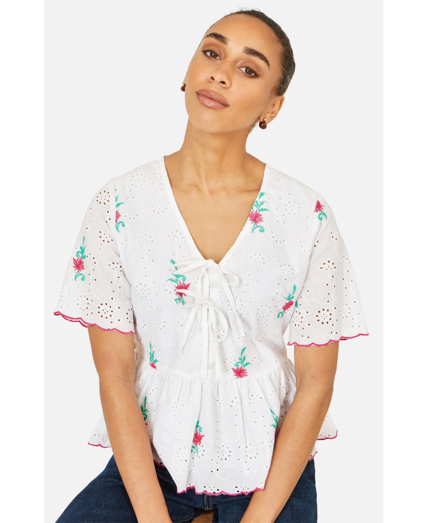 Женский топ Yumi Broderie Anglaise Embroidered Tie, цвет: Белый — фото 4