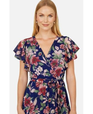 Women's Floral Wrap Midi Dress With Frill Hem