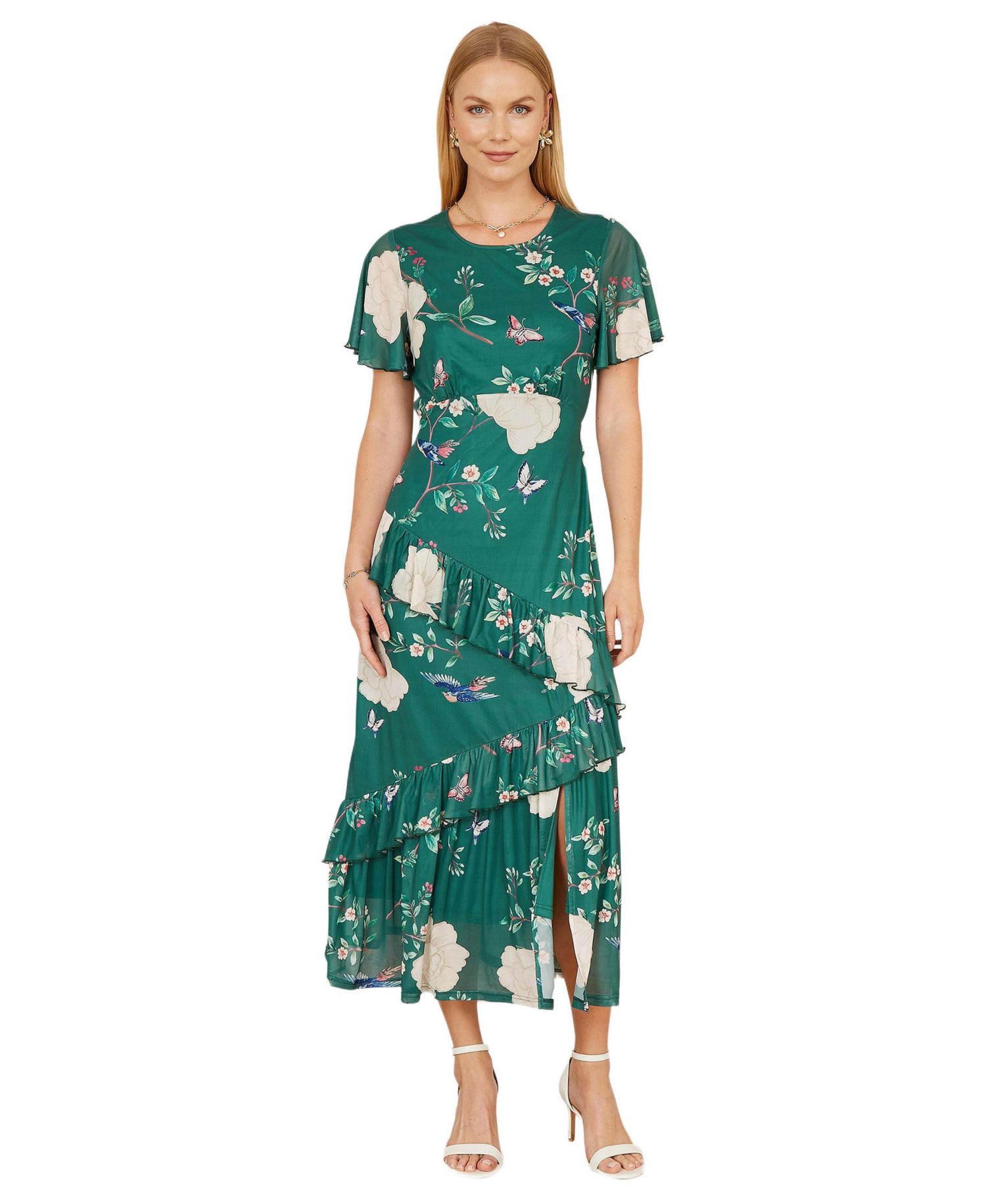 Women's Mesh Bird And Floral Print Midi Dress