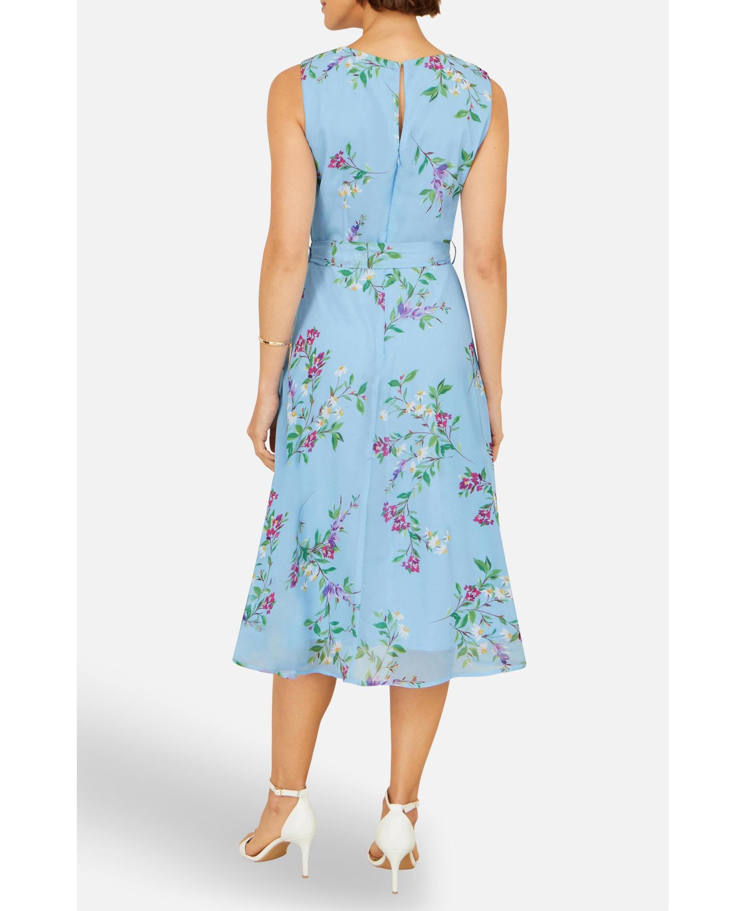 Women's Sleeveless Tie Waist Printed Midi Dress