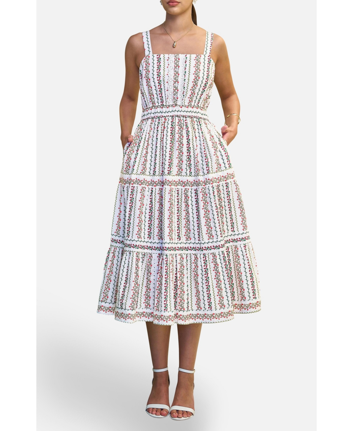 Yumi Women's Botanical Stripe Lace Trim Midi Dress