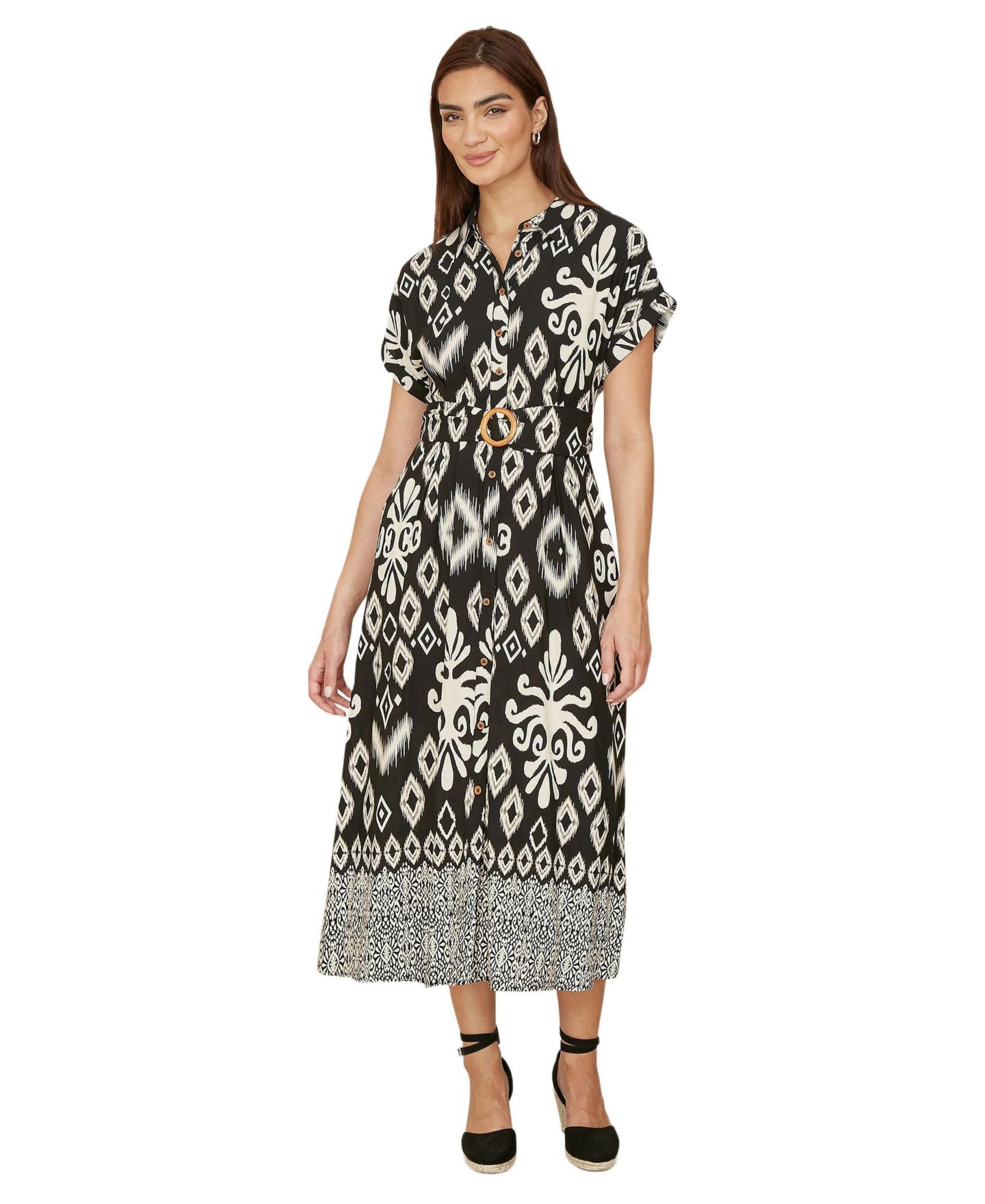 Женское платье Yumi Geo Print Relaxed Midi Shirt Dress, цвет: Чёрный — фото 1