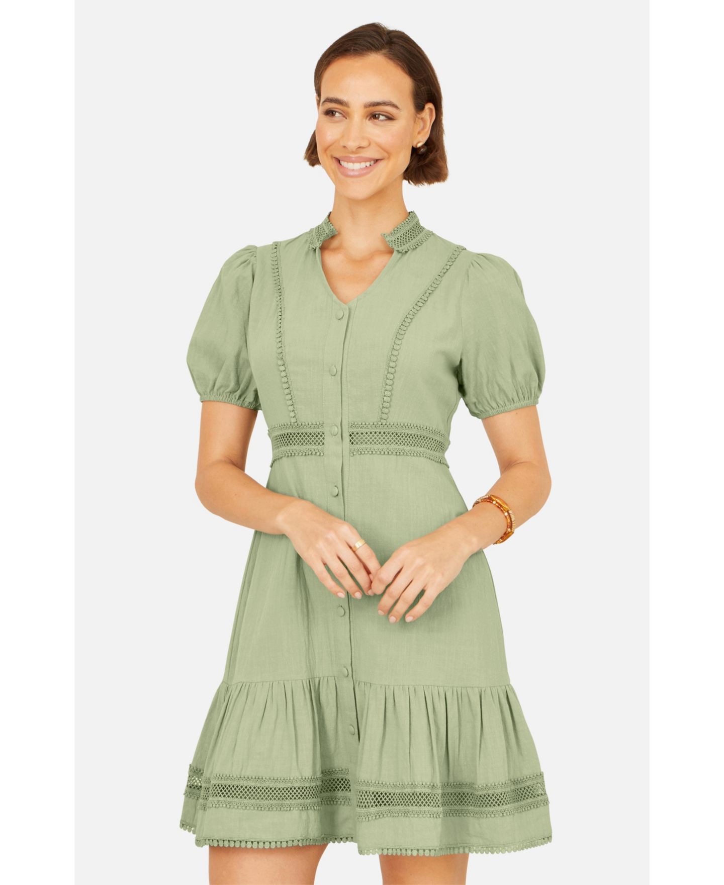 Женское платье Yumi Cotton Lace Trim Skater Shirt Dress, цвет: Мятный зелёный — фото 5