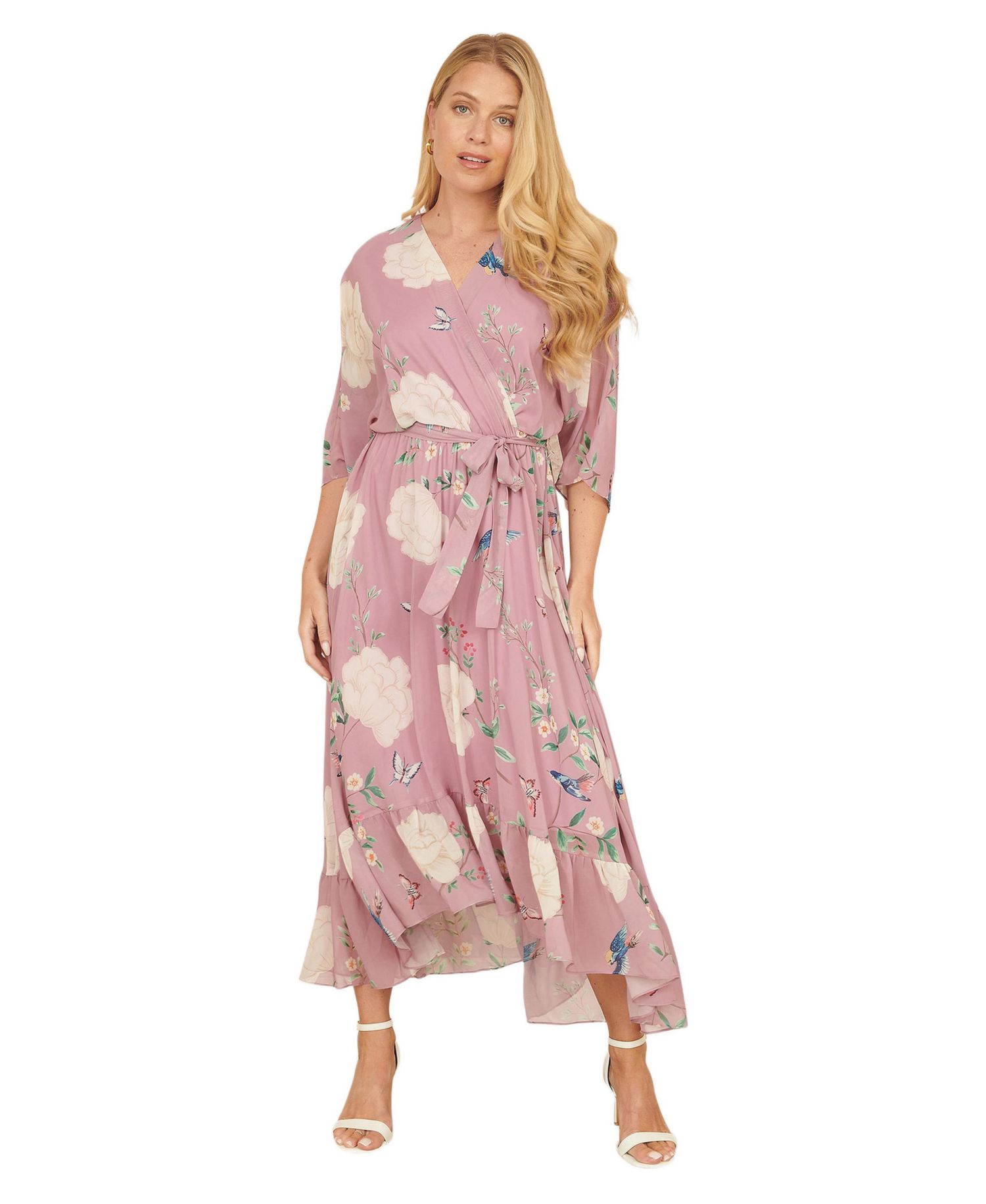 Women's Bird And Floral Print Midi Wrap Dress