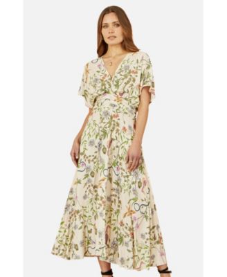 Women's Floral Print Ruched Waist Midi Dress