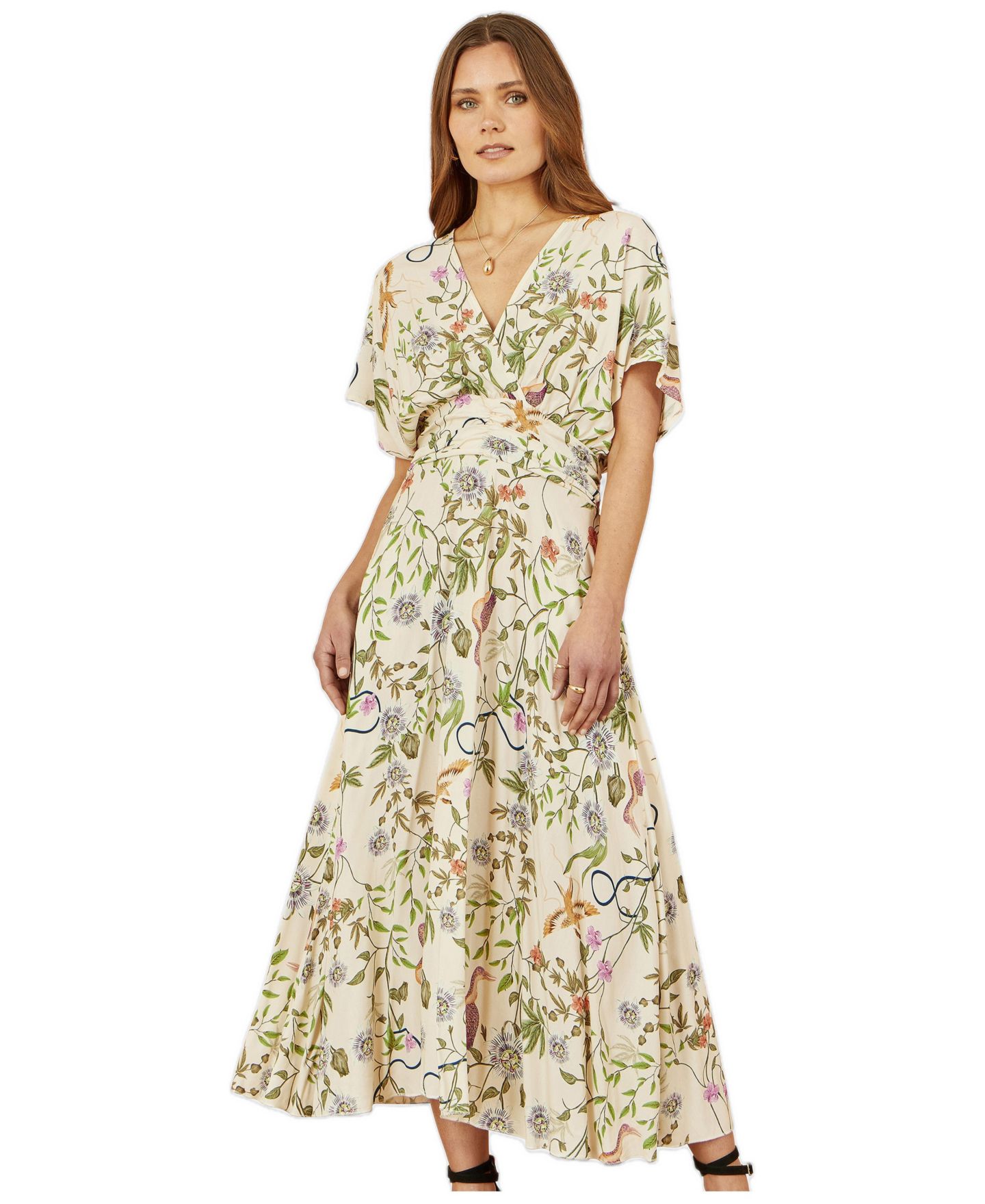 Женское платье Yumi Floral Print Ruched Waist Midi, цвет: Бежевый — фото 2