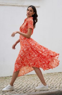 Women's Printed Midi Ruched Shirt Dress