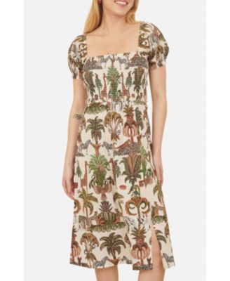 Women's Cotton Safari Print Ruched Midi Dress