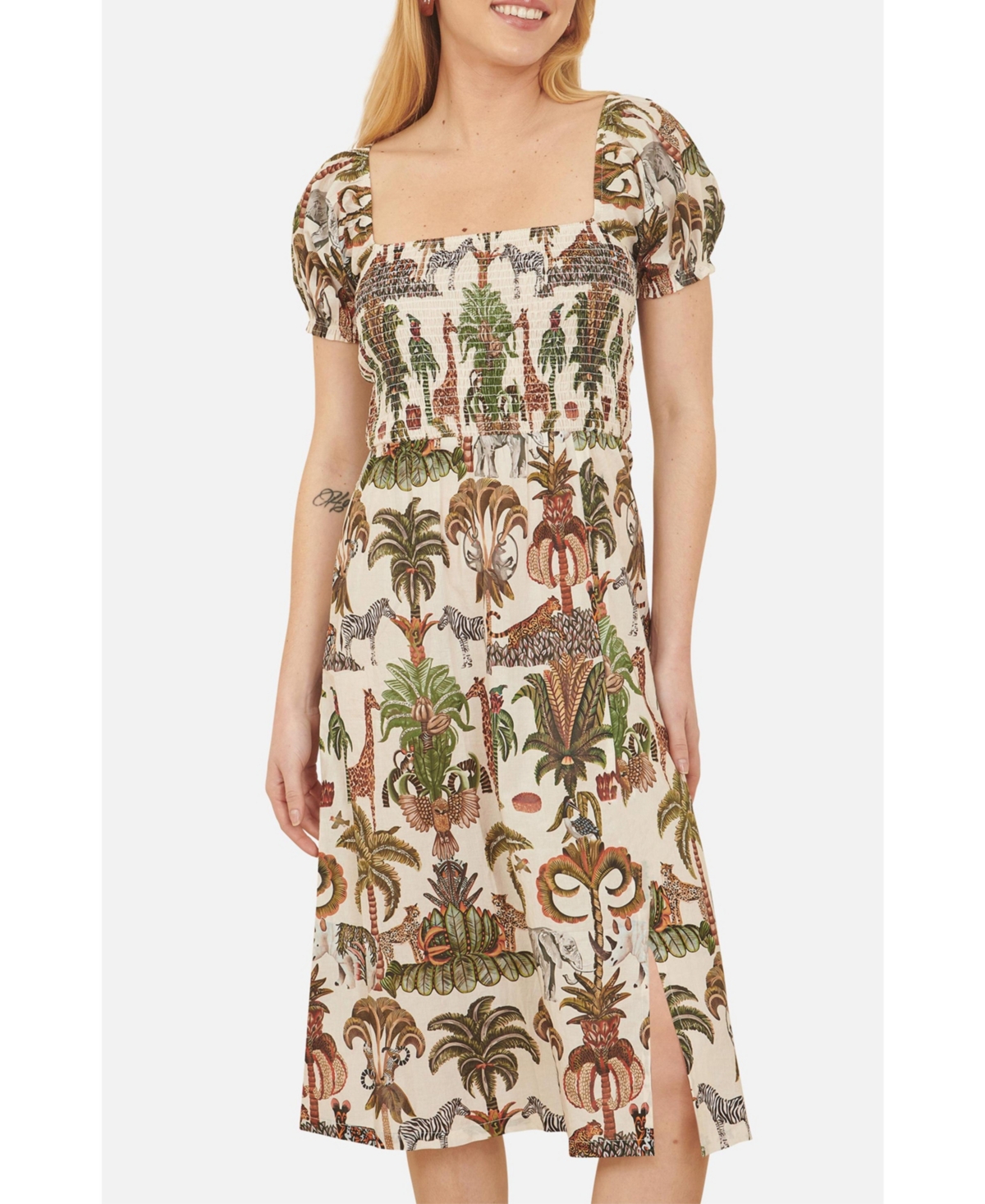 Yumi Women's Cotton Safari Print Ruched Midi Dress