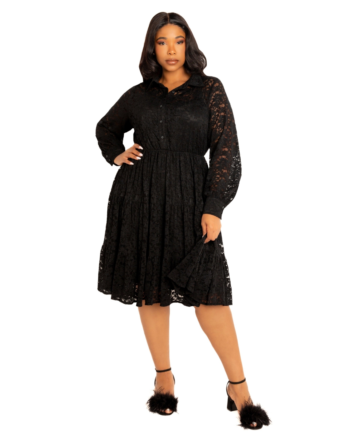 Buxom Couture Women's Plus Lace Long Sleeve Tiered Shirt Dress